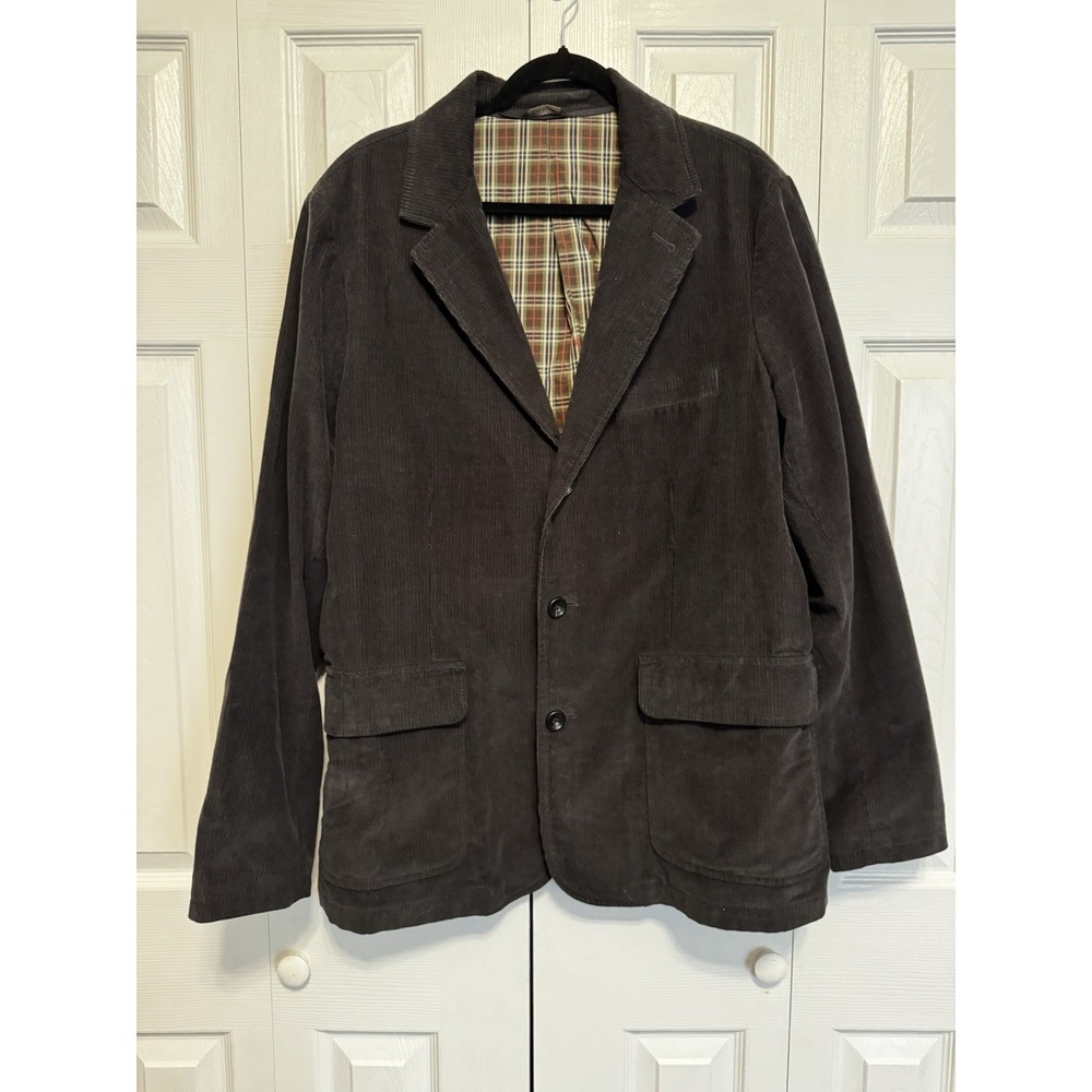 Eddie Bauer Mens 44T Corduroy Blazer Jacket Dark Brown Plaid Lined 2 Button